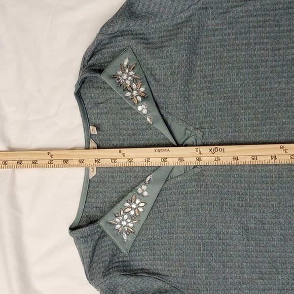 Soft Surroundings Womens Blouse Sz PM Blue Jewels Polo V Neck Waffle Knit Winter - Picture 9 of 10